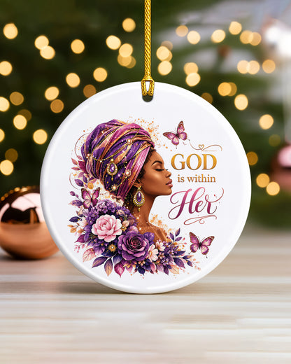 God Is Within Her Ornament - Black Woman Faith Christmas Keepsake