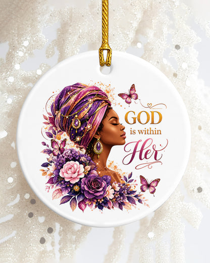 God Is Within Her Ornament - Black Woman Faith Christmas Keepsake