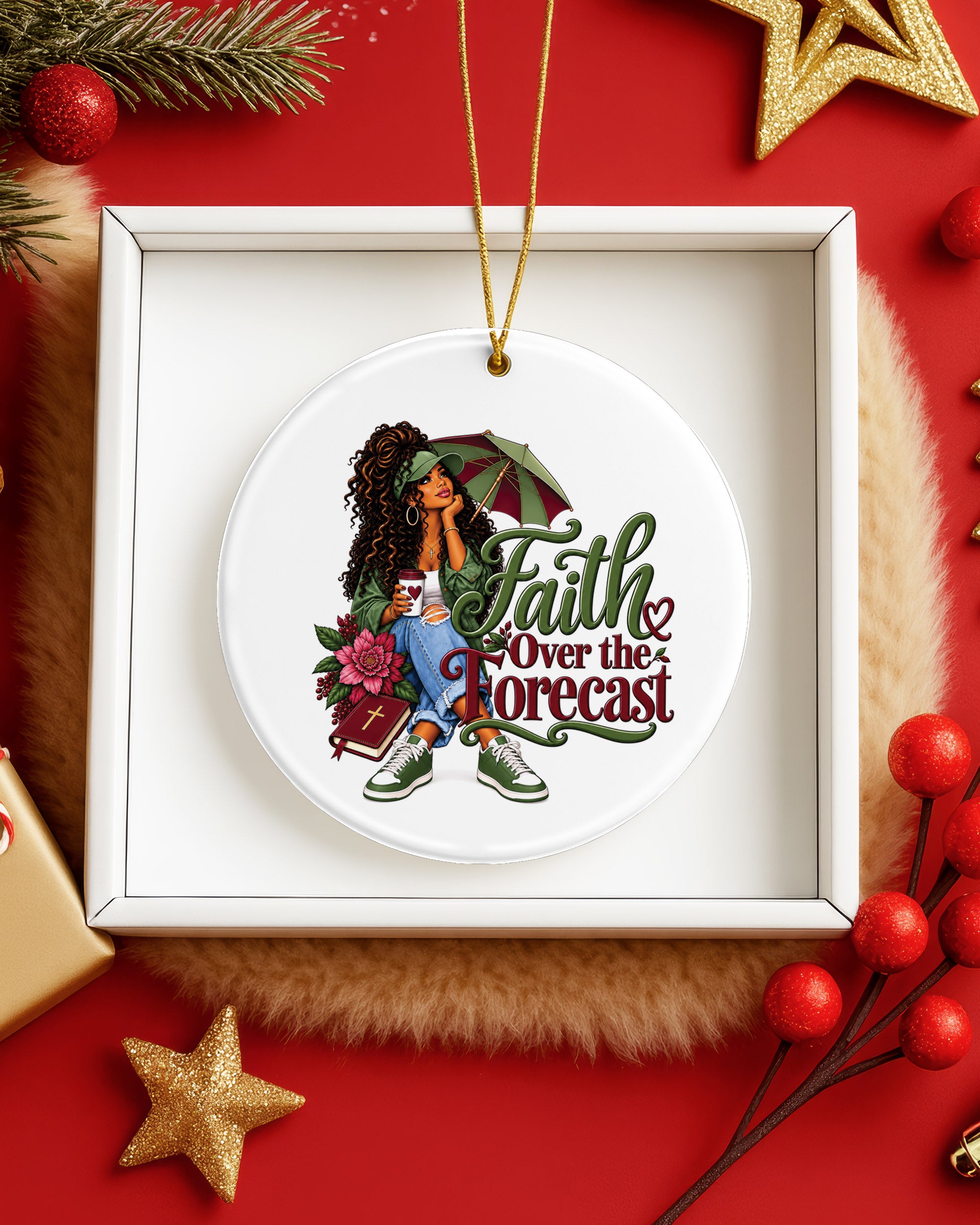 African American Woman Faith Over The Forecast Xmas Ornament