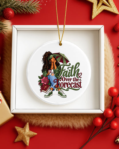 African American Woman Faith Over The Forecast Xmas Ornament