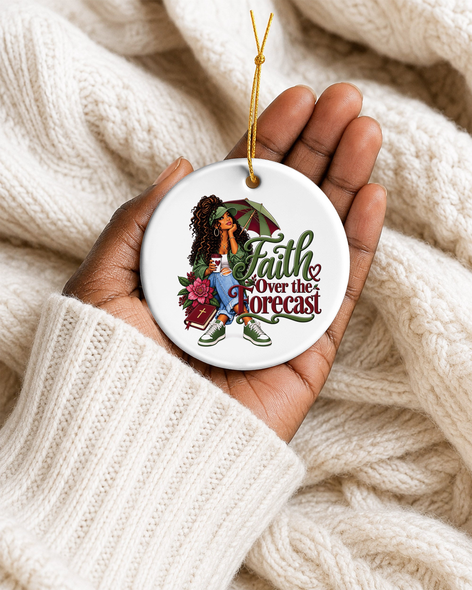 African American Woman Faith Over The Forecast Xmas Ornament