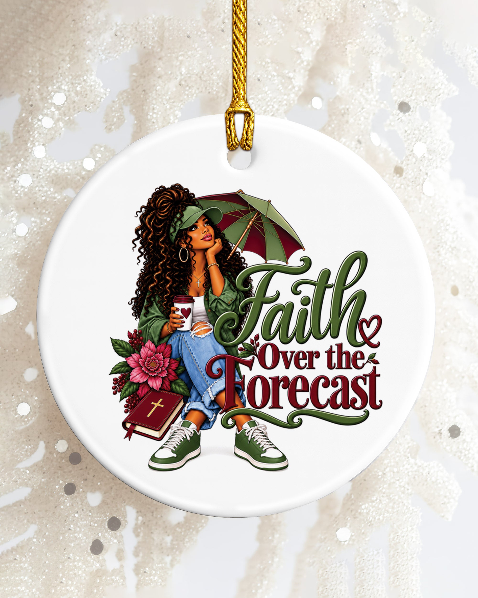 African American Woman Faith Over The Forecast Xmas Ornament