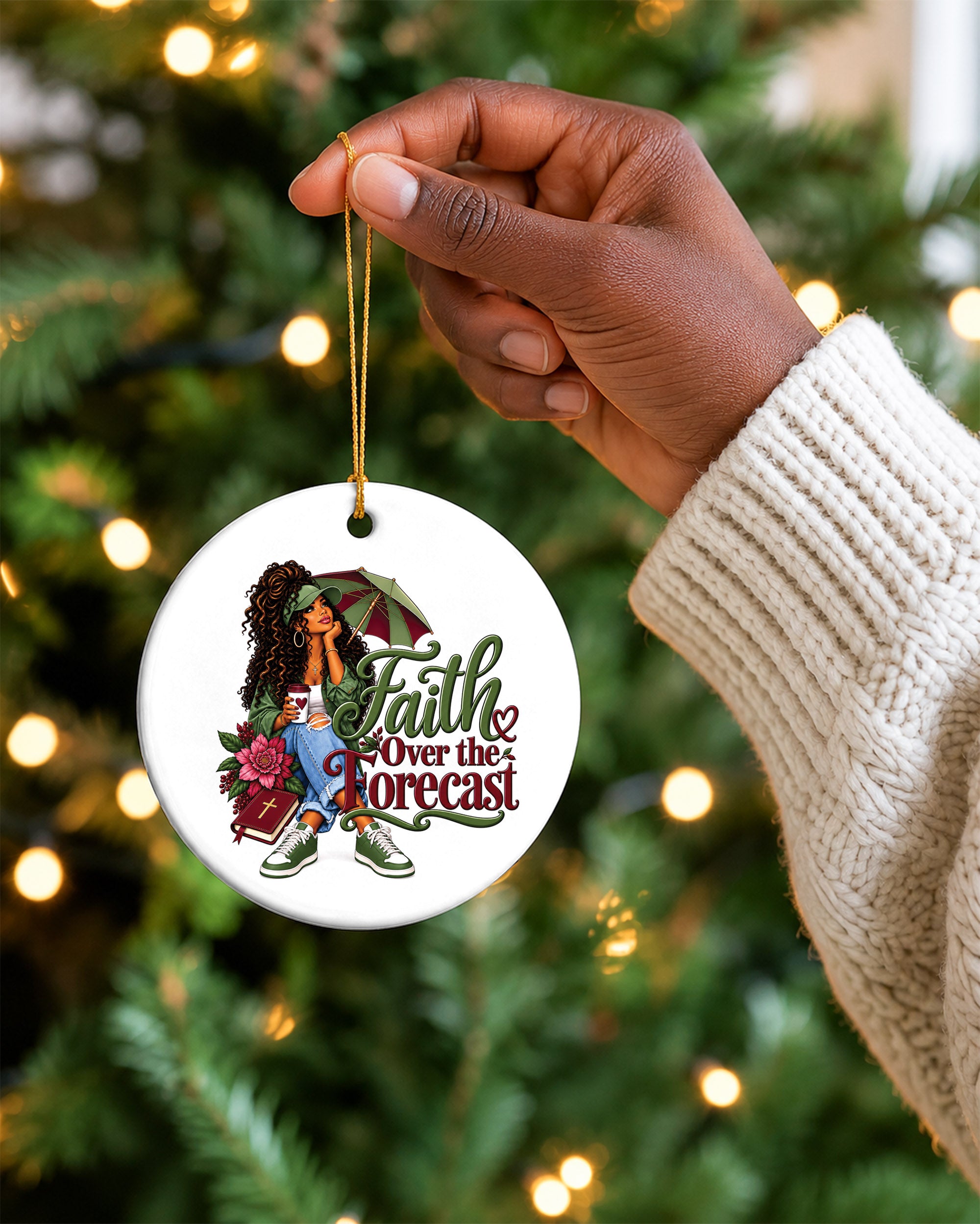 African American Woman Faith Over The Forecast Xmas Ornament