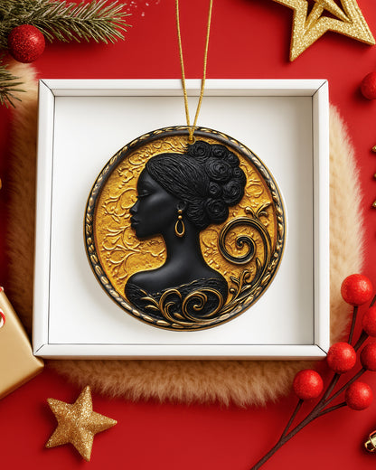 Black Queen Cameo Christmas Ornament Gold African Woman Decor