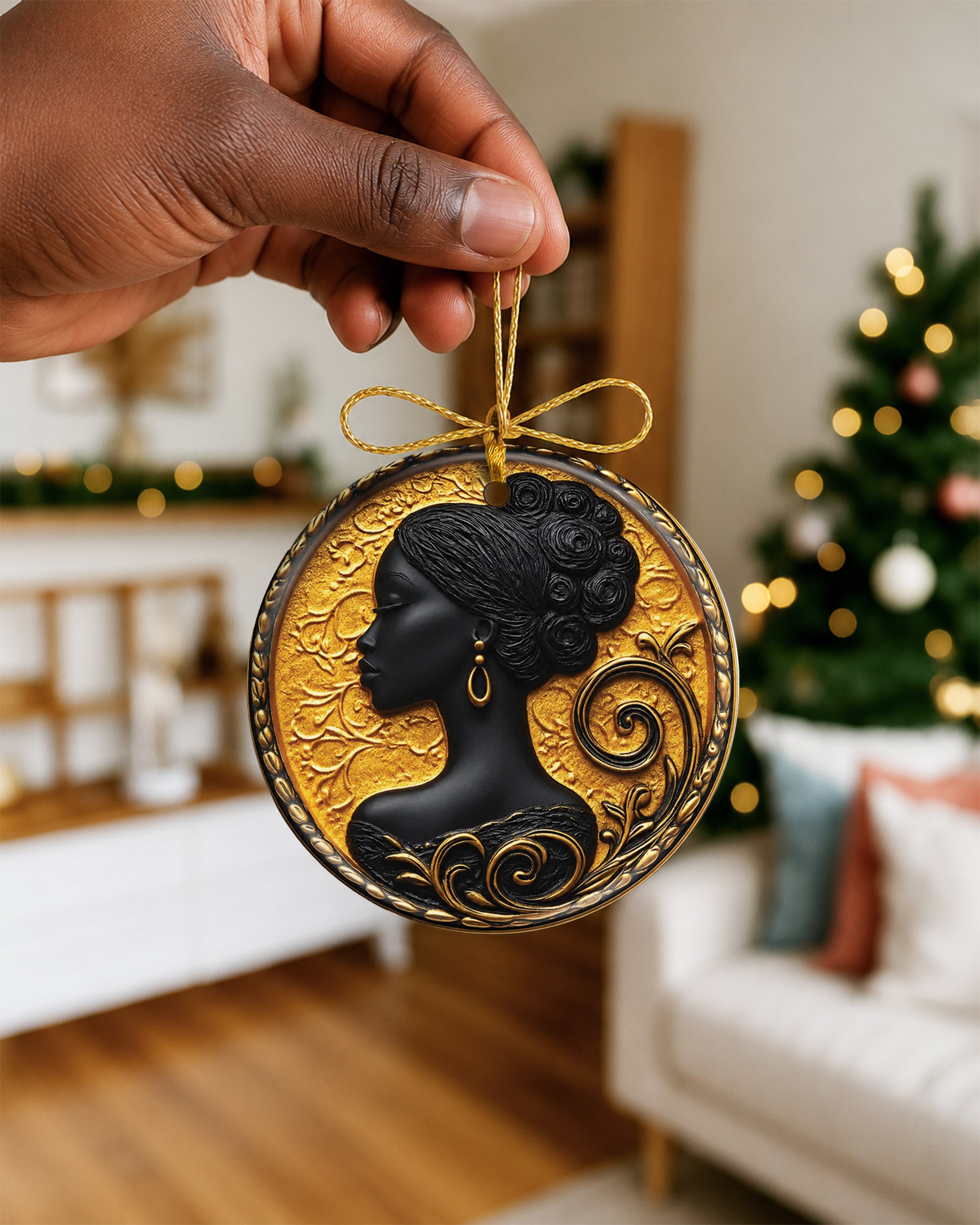 Black Queen Cameo Christmas Ornament Gold African Woman Decor