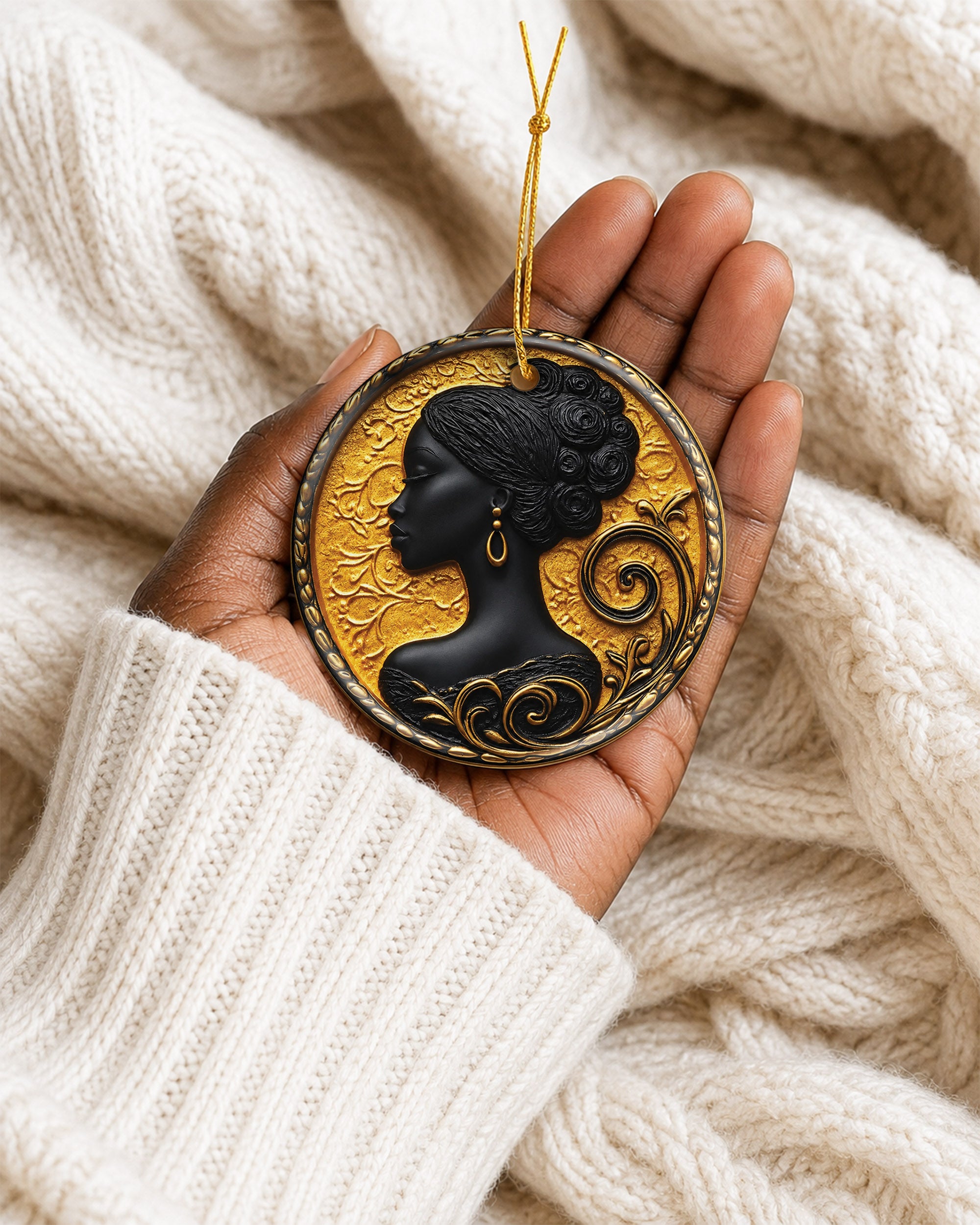 Black Queen Cameo Christmas Ornament Gold African Woman Decor