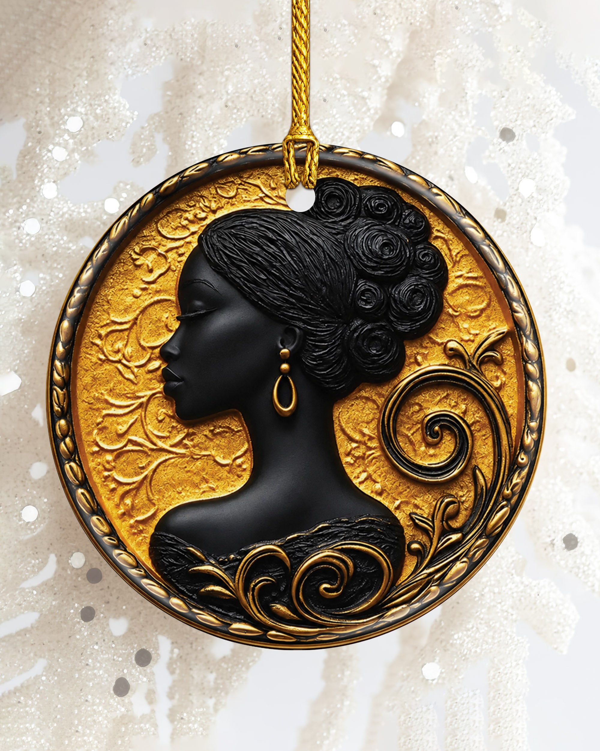 Black Queen Cameo Christmas Ornament Gold African Woman Decor