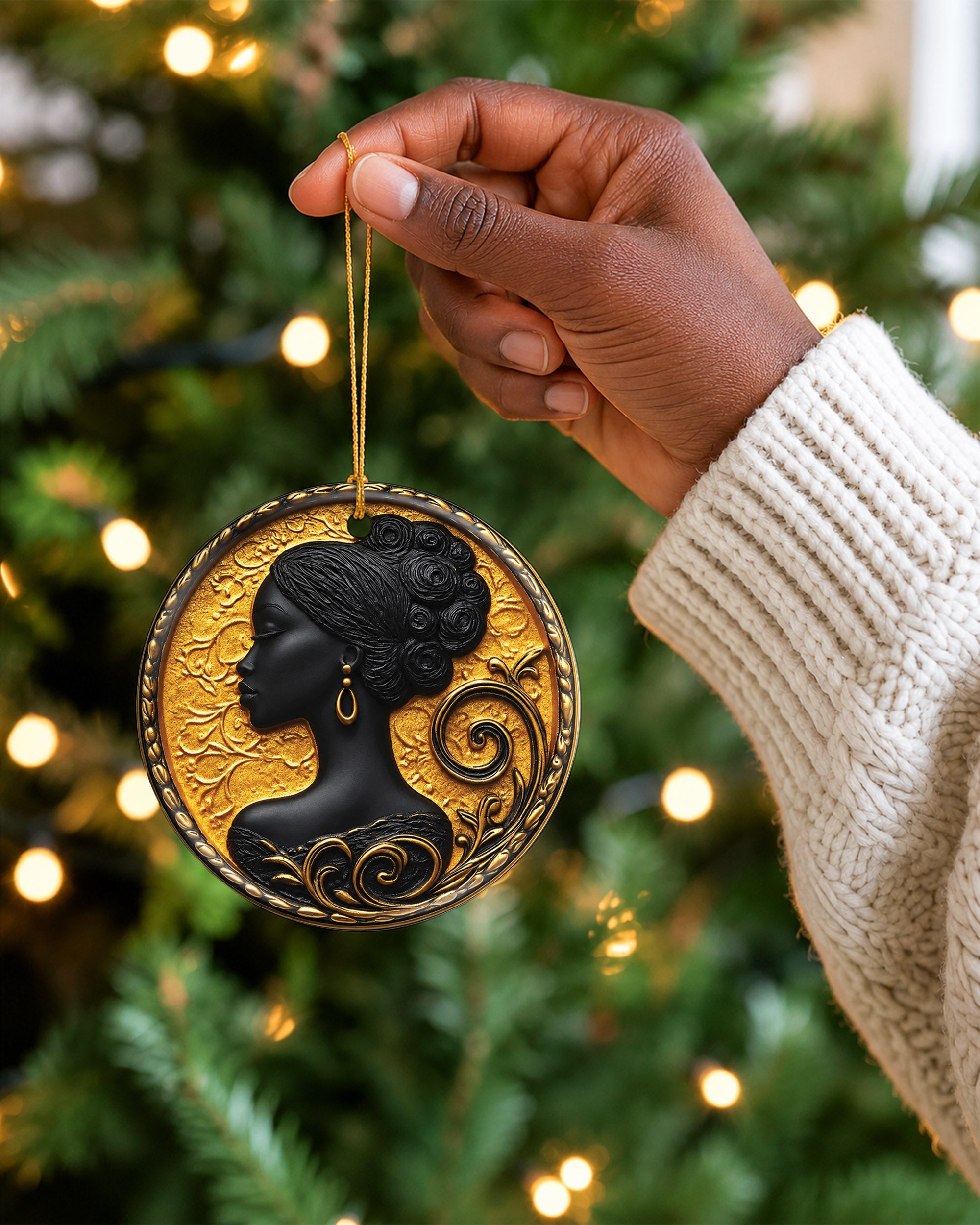 Black Queen Cameo Christmas Ornament Gold African Woman Decor