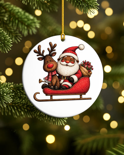 African American Santa on Sleigh Ornament - Black Christmas Bauble