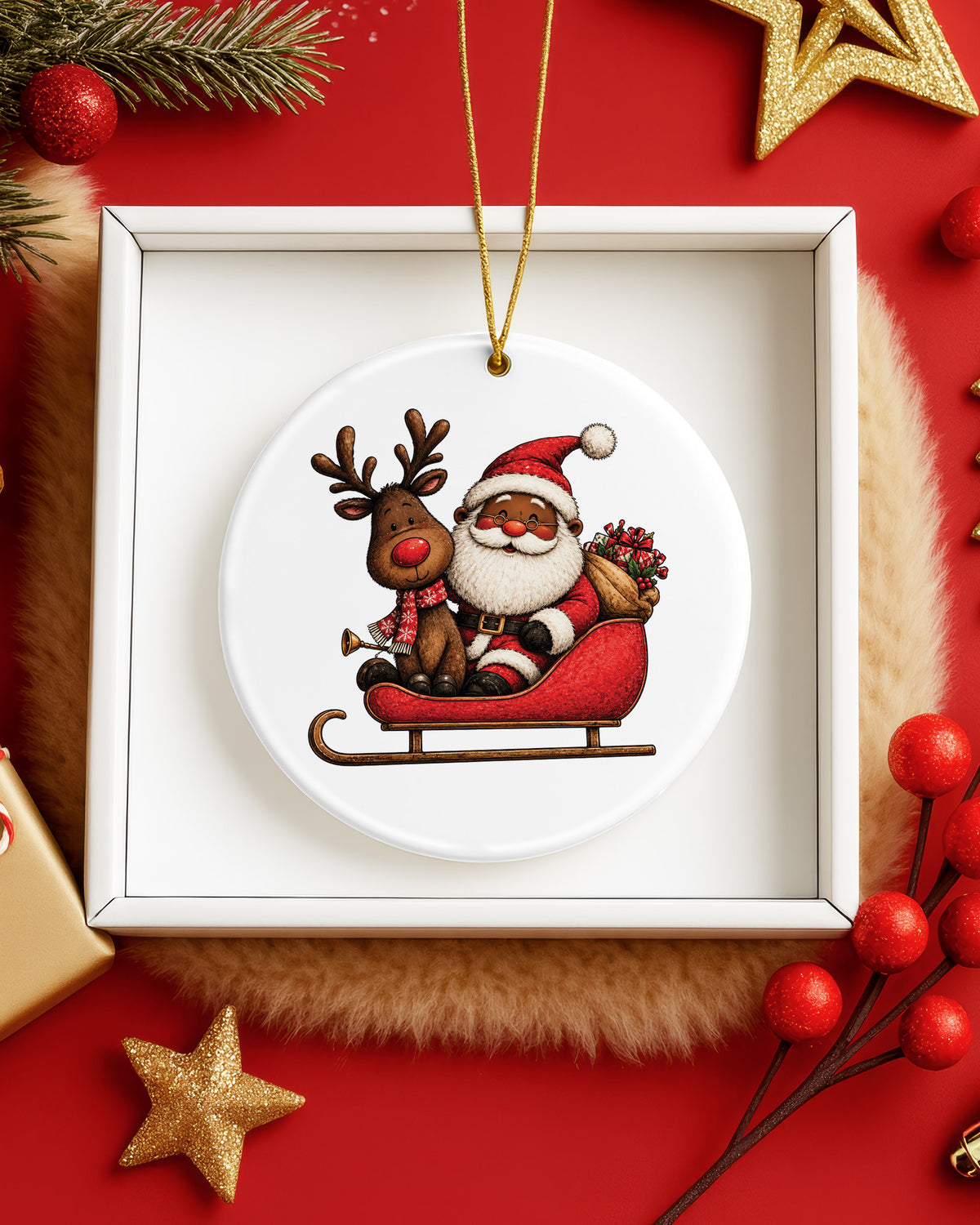 African American Santa on Sleigh Ornament - Black Christmas Bauble