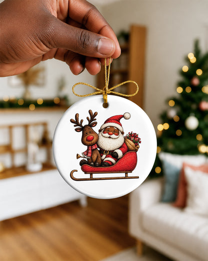 African American Santa on Sleigh Ornament - Black Christmas Bauble