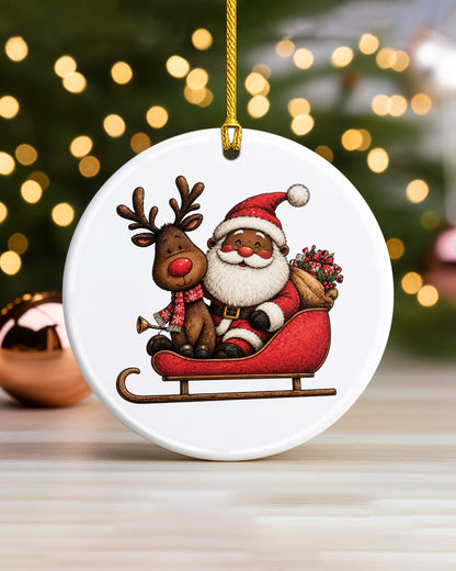 African American Santa on Sleigh Ornament - Black Christmas Bauble