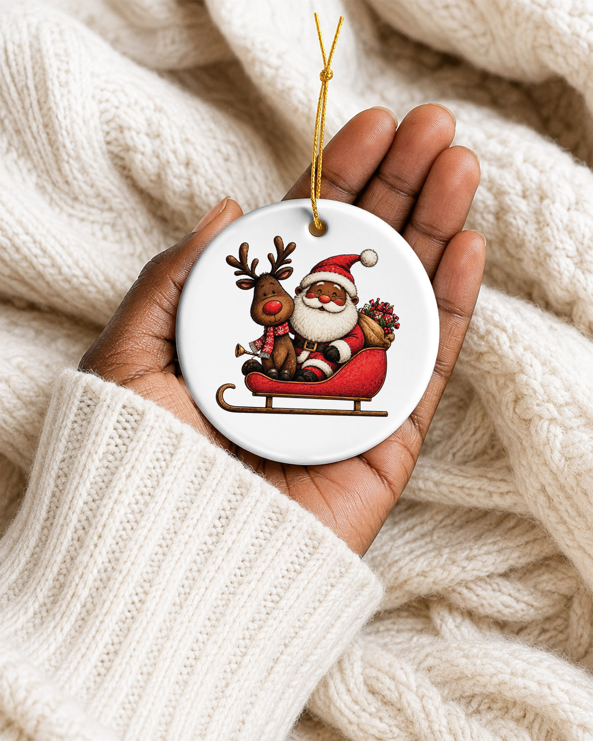 African American Santa on Sleigh Ornament - Black Christmas Bauble