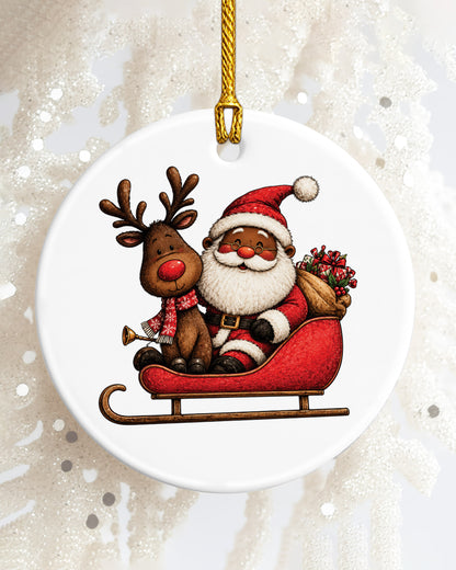 African American Santa on Sleigh Ornament - Black Christmas Bauble