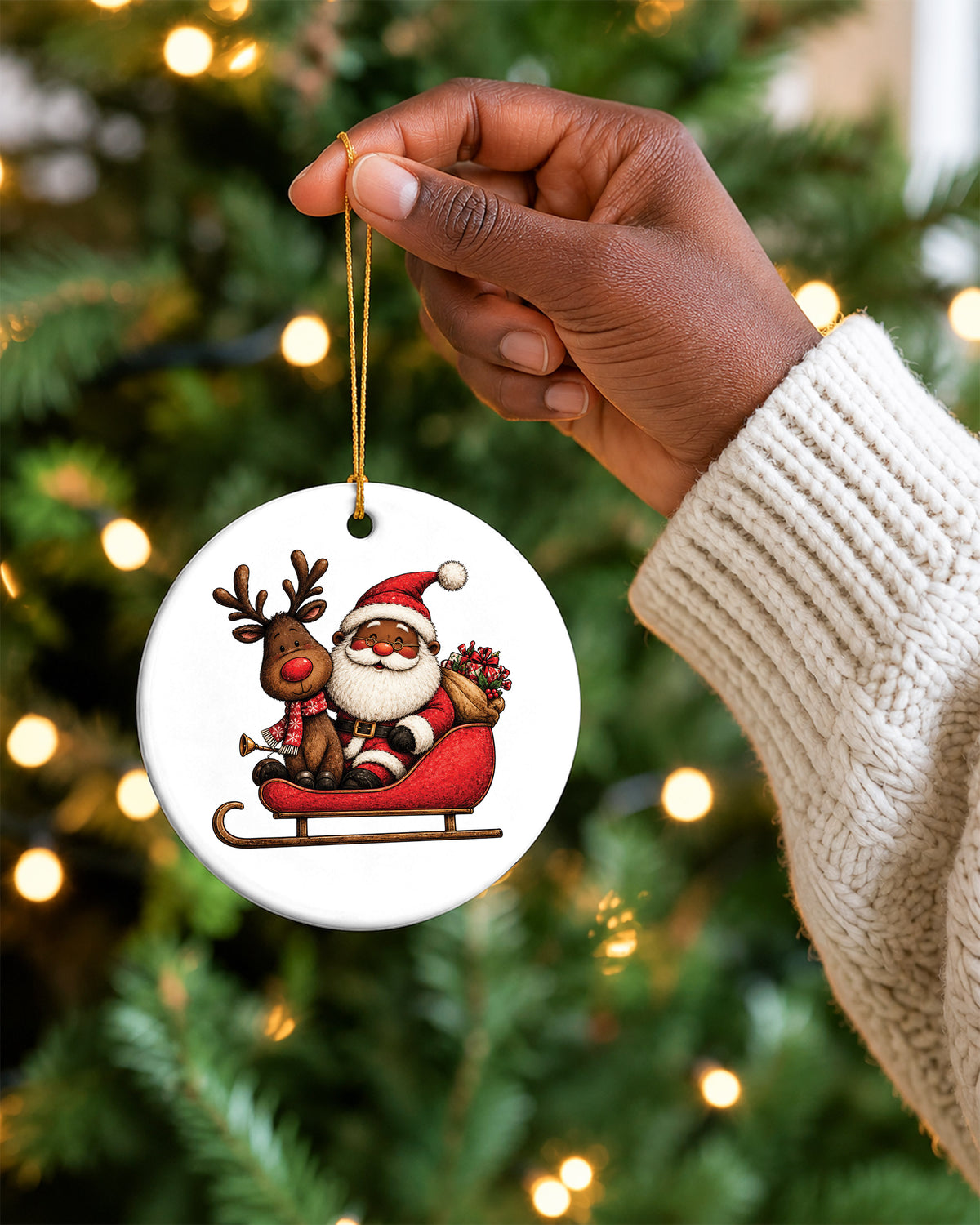 African American Santa on Sleigh Ornament - Black Christmas Bauble