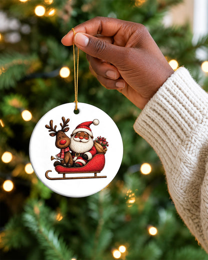 African American Santa on Sleigh Ornament - Black Christmas Bauble