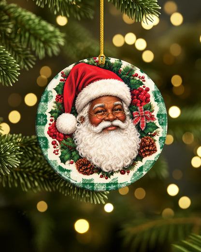 Vintage Black Santa Ceramic Ornament - Green Plaid Christmas Decor