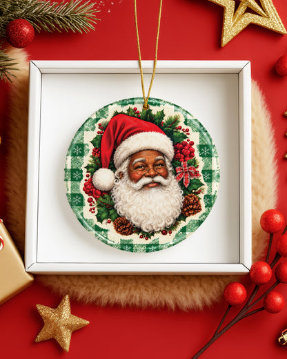 Vintage Black Santa Ceramic Ornament - Green Plaid Christmas Decor