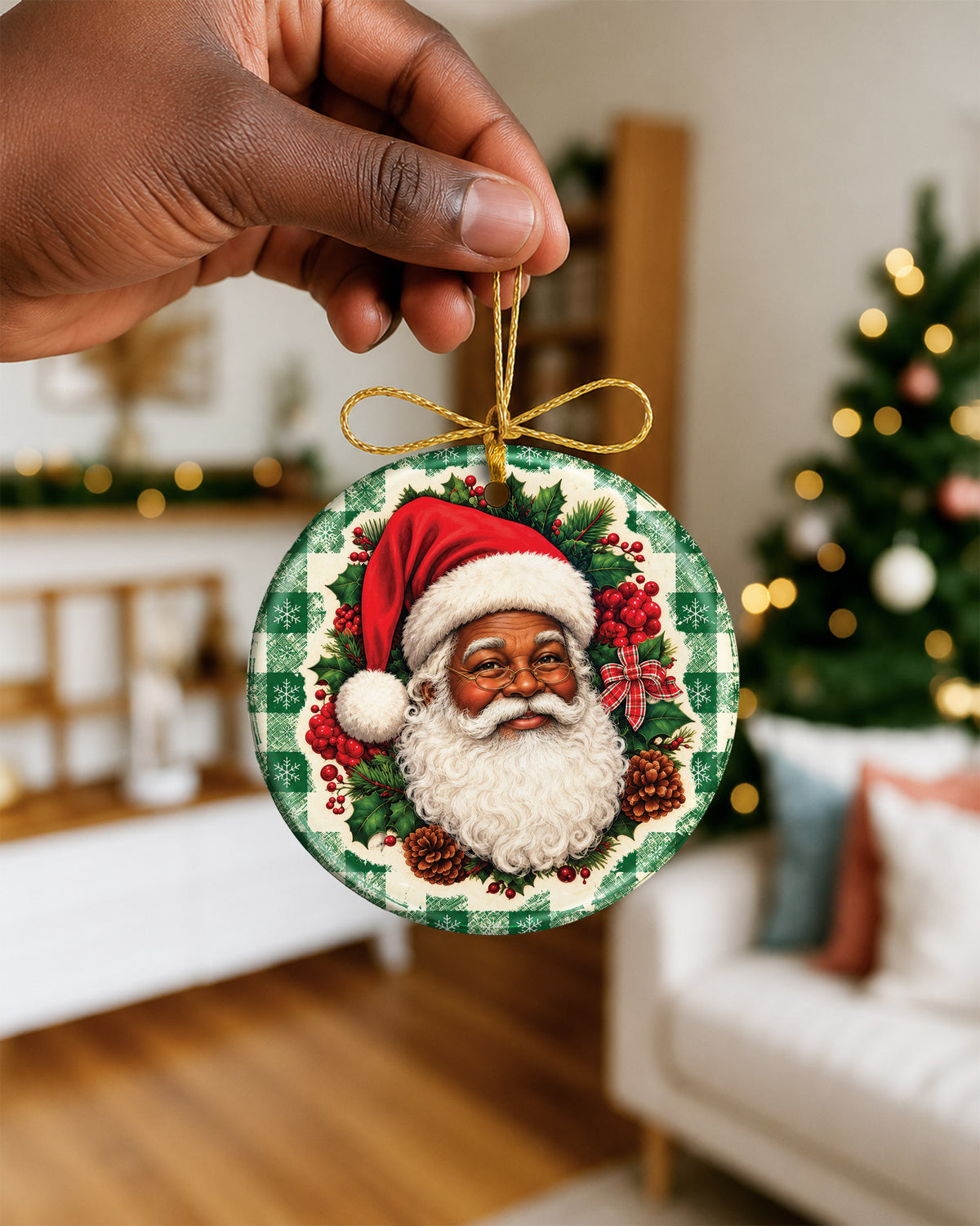 Vintage Black Santa Ceramic Ornament - Green Plaid Christmas Decor
