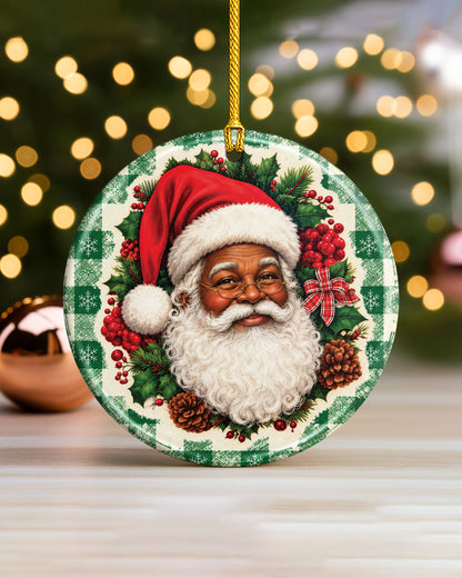 Vintage Black Santa Ceramic Ornament - Green Plaid Christmas Decor