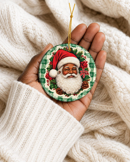 Vintage Black Santa Ceramic Ornament - Green Plaid Christmas Decor