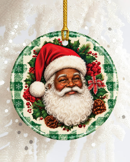 Vintage Black Santa Ceramic Ornament - Green Plaid Christmas Decor