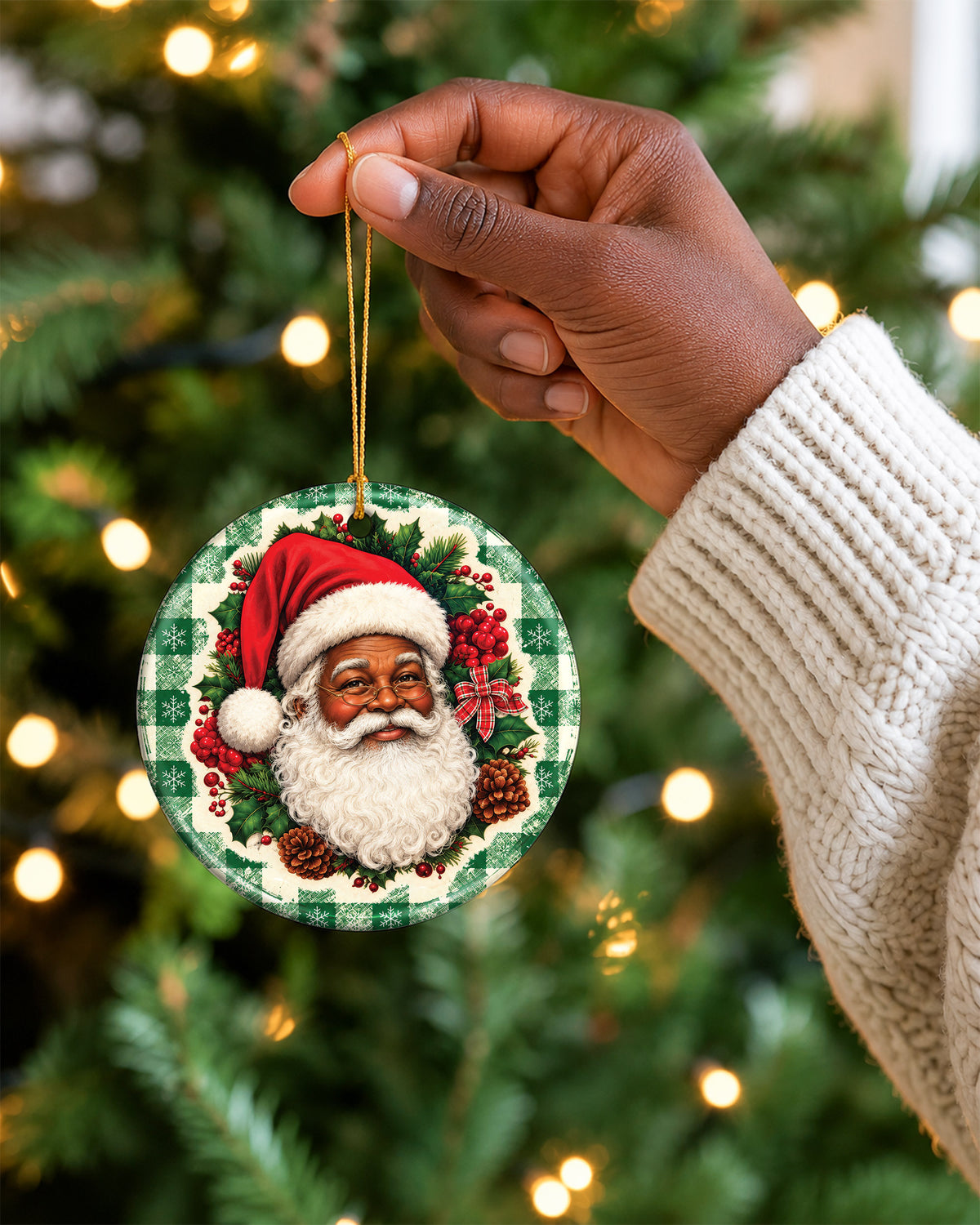 Vintage Black Santa Ceramic Ornament - Green Plaid Christmas Decor
