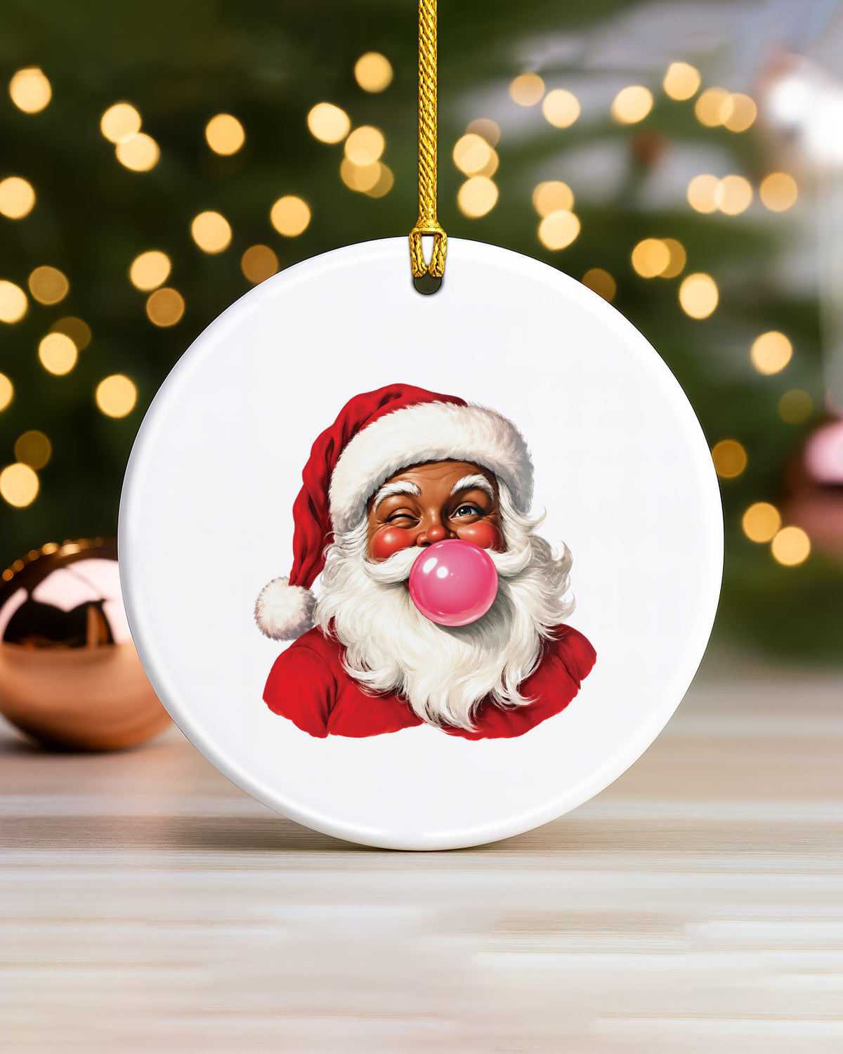 Black Santa Blowing Bubble Gum Ceramic Ornament