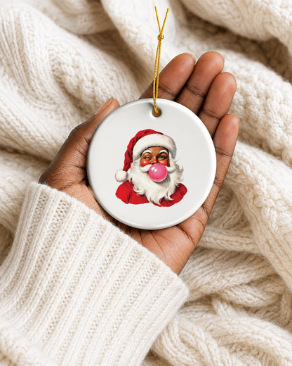 Black Santa Blowing Bubble Gum Ceramic Ornament