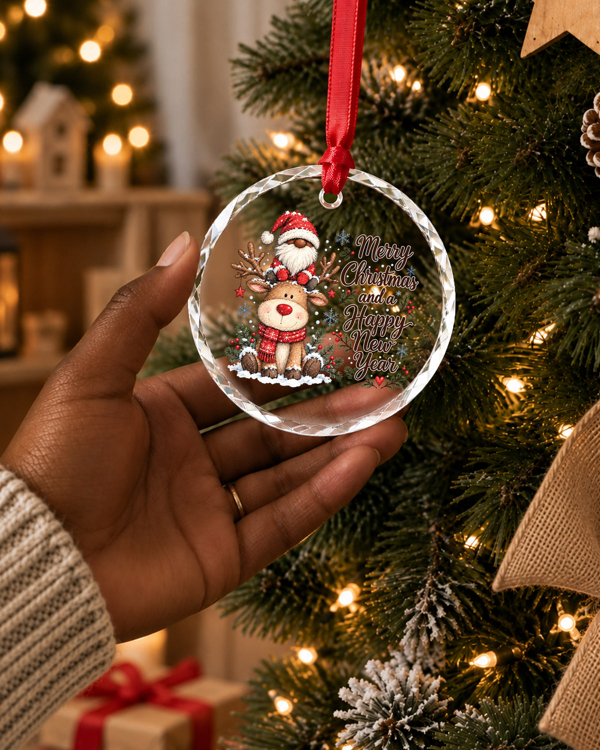 Black Gnome Reindeer Glass Christmas Ornament