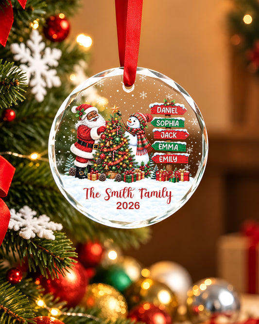 Custom Name Black Santa Snowman Glass Christmas Ornament