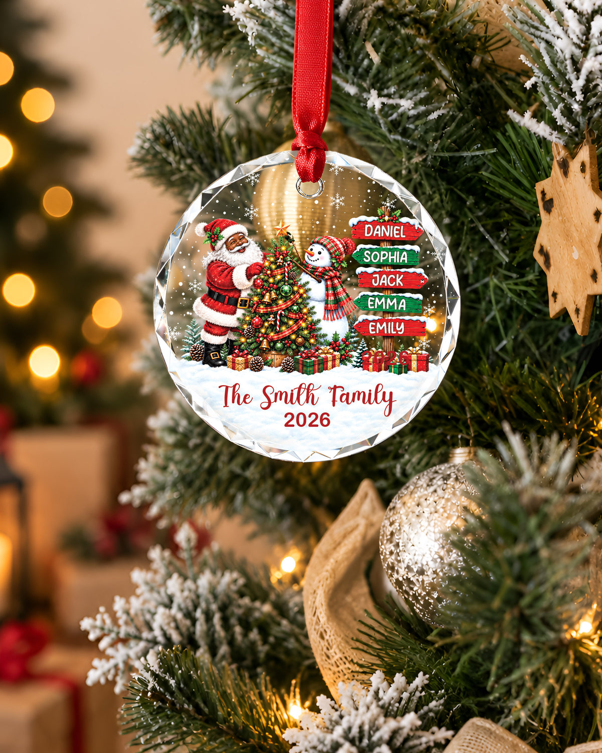 Custom Name Black Santa Snowman Glass Christmas Ornament