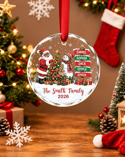 Custom Name Black Santa Snowman Glass Christmas Ornament
