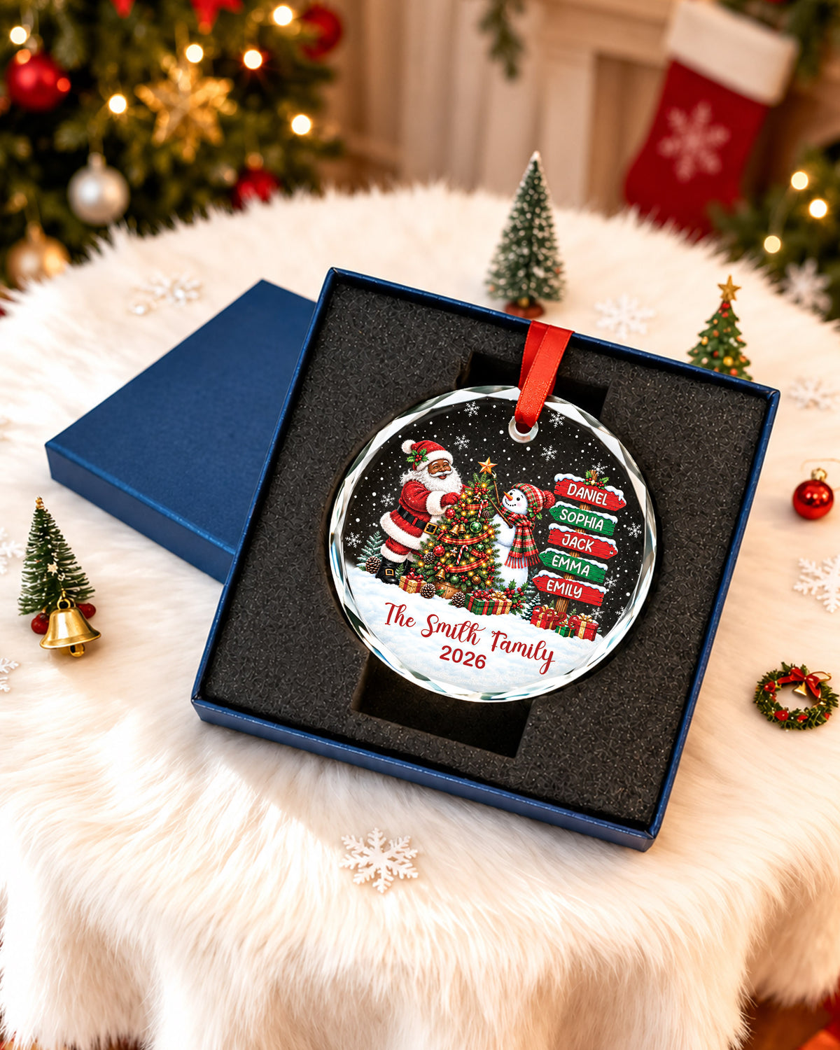 Custom Name Black Santa Snowman Glass Christmas Ornament