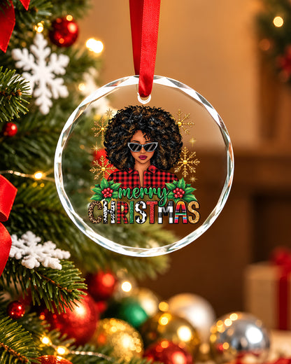 Afro Woman Plaid Merry Christmas Glass Ornament Decor