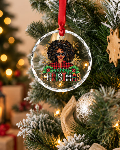 Afro Woman Plaid Merry Christmas Glass Ornament Decor