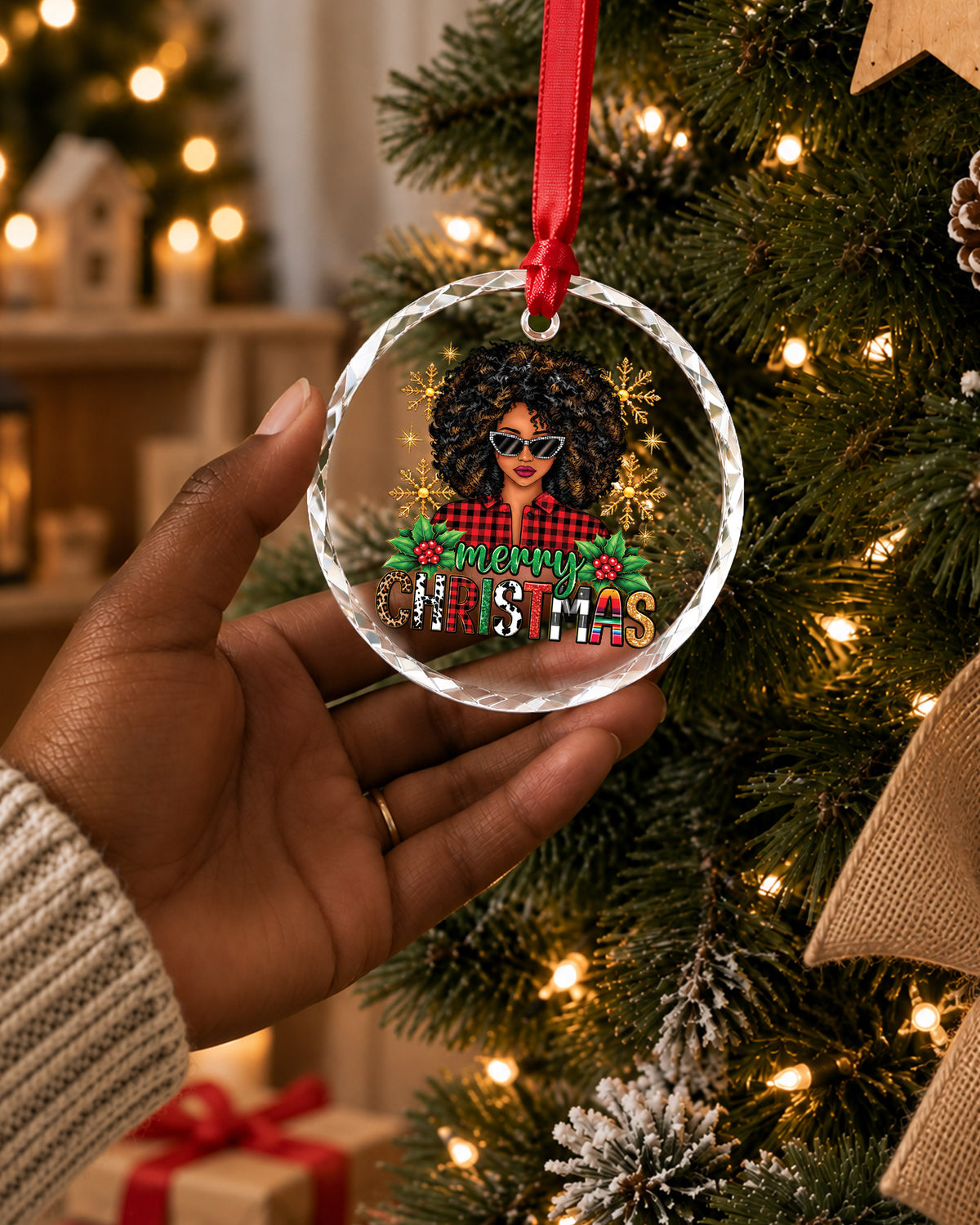 Afro Woman Plaid Merry Christmas Glass Ornament Decor