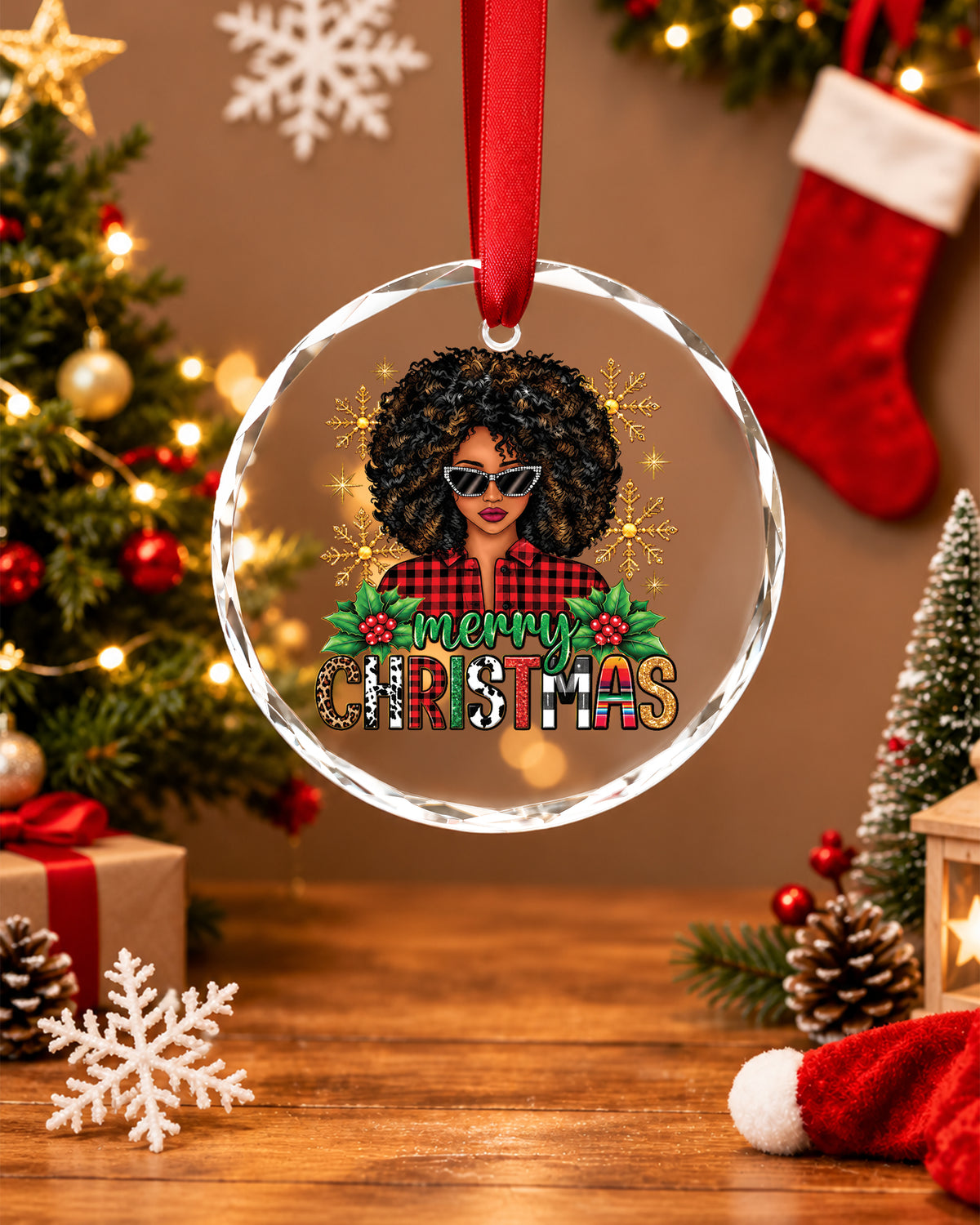Afro Woman Plaid Merry Christmas Glass Ornament Decor