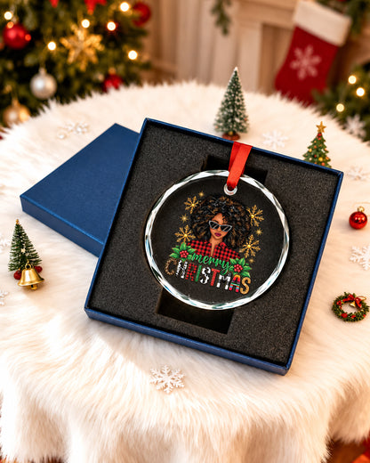 Afro Woman Plaid Merry Christmas Glass Ornament Decor