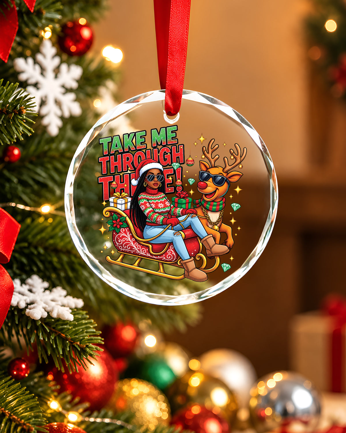 Funny Black Girl Sleigh Reindeer Glass Christmas Ornament