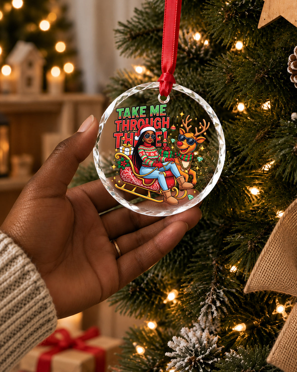 Funny Black Girl Sleigh Reindeer Glass Christmas Ornament