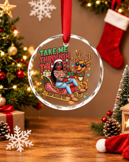 Funny Black Girl Sleigh Reindeer Glass Christmas Ornament