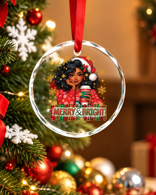 Merry & Bright Black Girl Coffee Glass Christmas Ornament