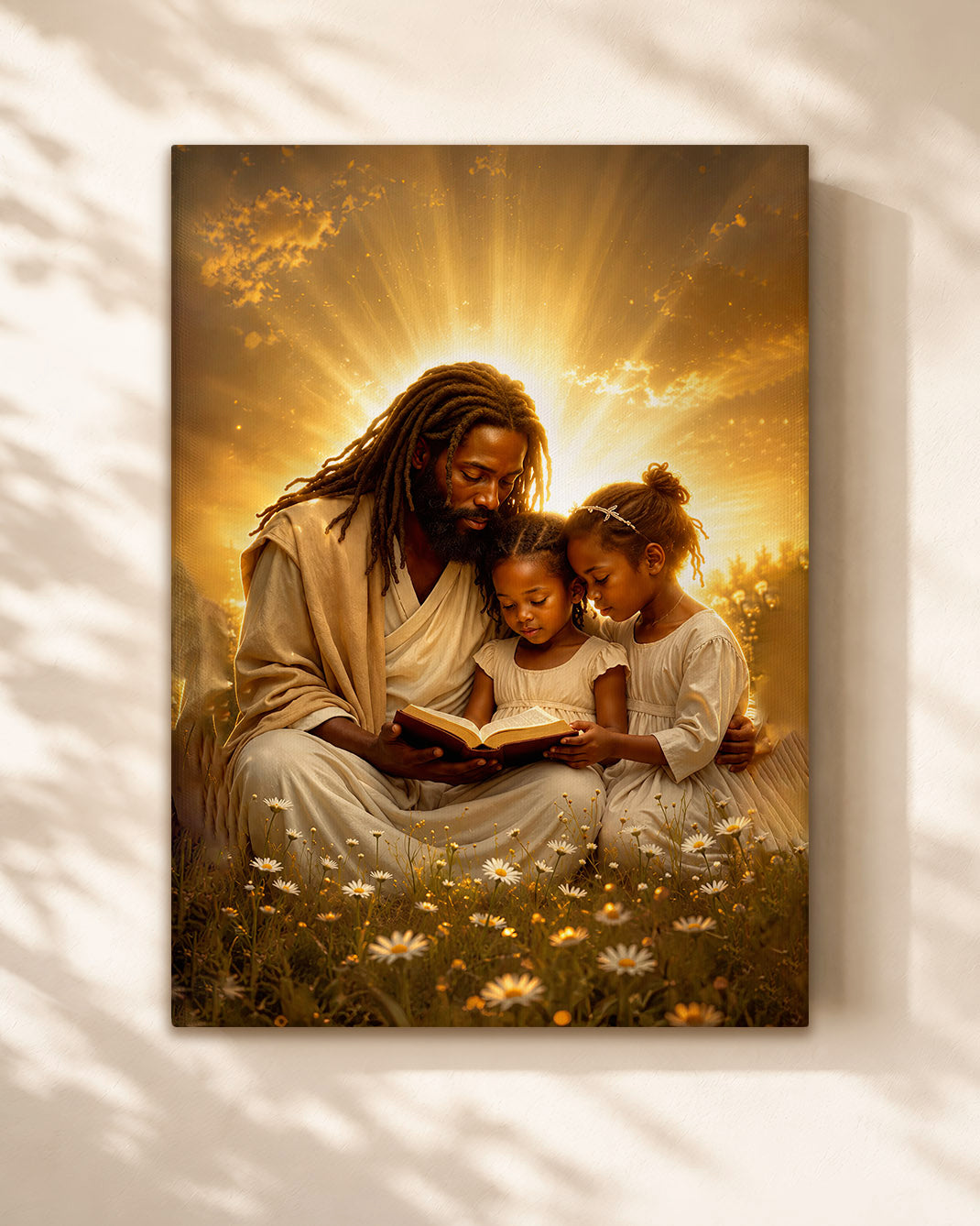 Black Jesus Reading Bible with Children Canvas Print – African American Christian Wall Art