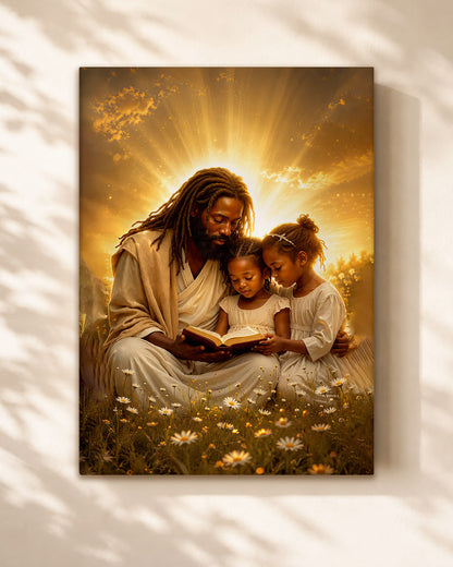 Black Jesus Reading Bible with Children Canvas Print – African American Christian Wall Art
