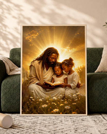Black Jesus Reading Bible with Children Canvas Print – African American Christian Wall Art