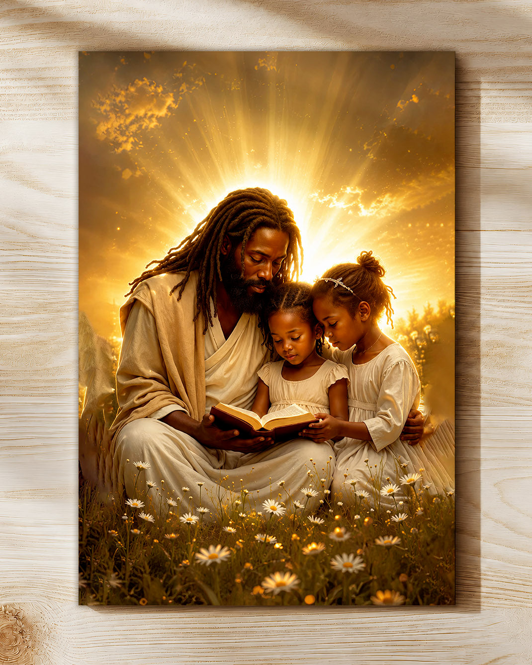 Black Jesus Reading Bible with Children Canvas Print – African American Christian Wall Art