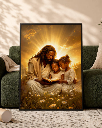 Black Jesus Reading Bible with Children Canvas Print – African American Christian Wall Art