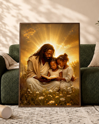Black Jesus Reading Bible with Children Canvas Print – African American Christian Wall Art