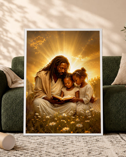 Black Jesus Reading Bible with Children Canvas Print – African American Christian Wall Art